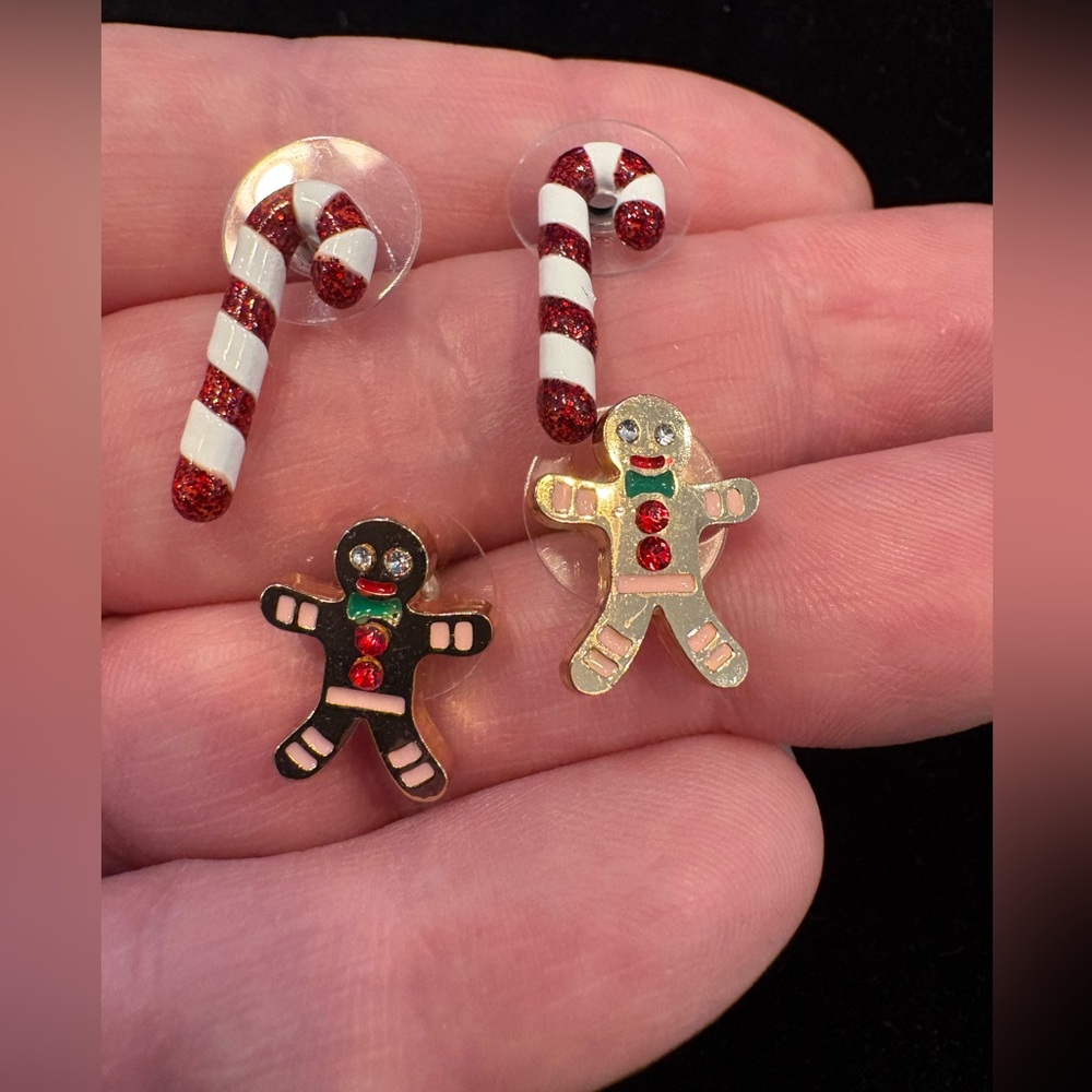 Betsey Johnson Christmas Gingerbread and Candy Cane Sparkly, Gem Stud Earrings